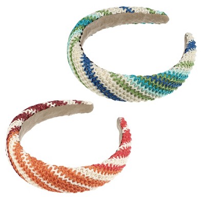 Unique Bargains Women's  Bohemian Style Straw Rattan Sponge Headband Green Orange 2 Pcs