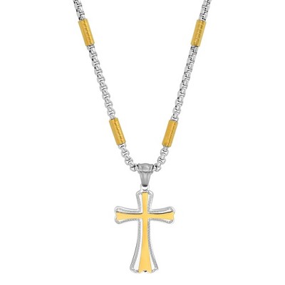 Steeltime 24" two tone stainless steel and 18k gold plated tube link cross pendant
