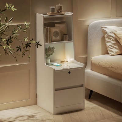 Lyngins 2 Drawers Nightstand with Night Light and Bookshelf,End Table with Charging Station for Bedroom,Living Room