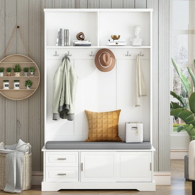 Whisen Elegant Style 3-in-1 Hall Tree with Sliding Doors, 6 Hooks and Shoe Storage
