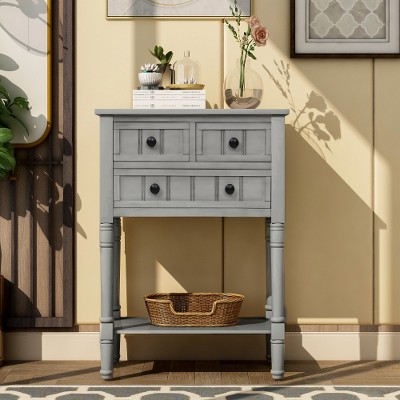 ACEPANO 23.7 in. W Narrow Console Table with Three Storage Drawers and Bottom Shelf-Gray