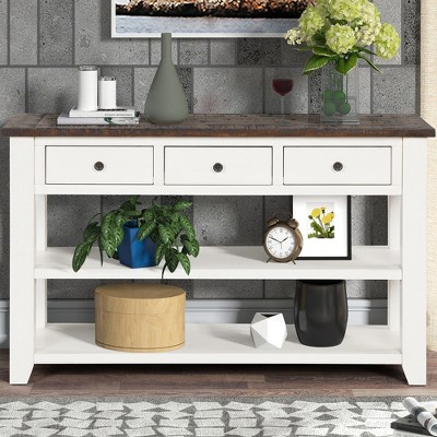 Solid Pine Wood Top Console Table, Modern Entryway Sofa Side Table with 3 Storage Drawers and 2 Shelves