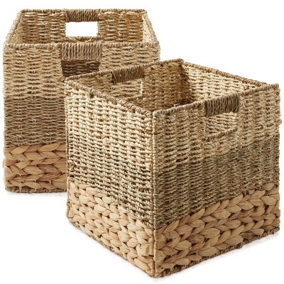 Casafield Mixed Weave Storage Baskets, Natural - Set of 2 Collapsible Cubes, Woven Bin Organizers for Bathroom, Bedroom, Laundry