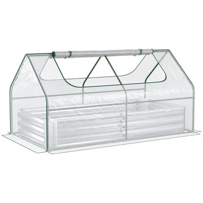 Outsunny Raised Garden Bed with Mini Greenhouse, Steel Outdoor Planter Box with Plastic Cover, Roll Up Window, Dual Use