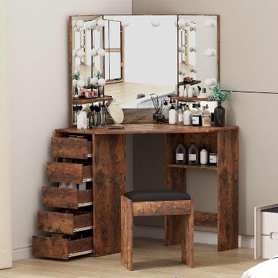 Coucheta Brown Corner Vanity Desk with Lights - Tri-Fold Mirror, 5 Drawers, Adjustable LED Lighting & Stool, 44" Makeup Table for Women & Teens