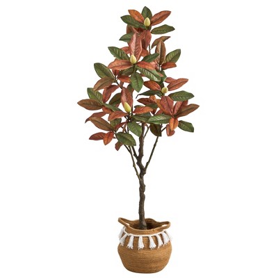 Nearly Natural 5-ft Artificial Fall Magnolia Tree with Handmade Jute & Cotton Basket with Tassels