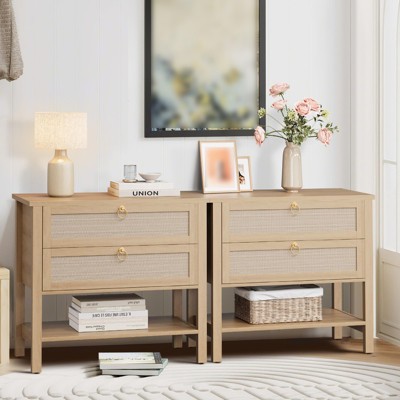 Rattan Nightstand Set of 2, Accent End Table with 2 Drawer & Open Shelf, Sofa Side Table for Small Spaces, Bedside Table for Living Room