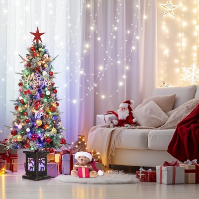 3/4.5ft Prelit Snow Flocked Artificial Christmas Tree with 8-Mode Warm White LED & Sturdy Base- Indoor/Outdoor Xmas Tree for Home,Office,Yard