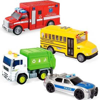 Joyfy 4 Pcs 7" Vehicle Toy Set, Car Toys Including Police Car, School Bus, Garbage Truck, Ambulance, Birthday Gifts Toys for Boys 2 3 4 5 6 Years