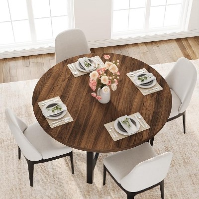 47" Round Industrial Dining Table for 4-6, Rustic Brown Wooden Kitchen Table w/ Metal Frame, 300lb Capacity