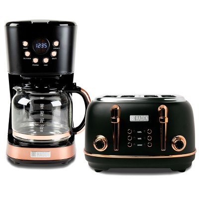 Haden Heritage 4 Slice Wide Slot Stainless Steel Toaster Bundled with 12 Cup Programmable Drip Coffee Maker Coffee Machine, Black & Copper