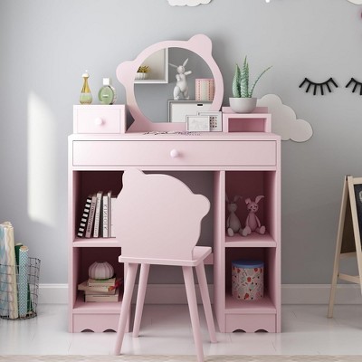 WhizMax Kids Vanity, 2 in 1 Princess Makeup Desk & Chair Set with Drawers, Storage Shelves, Toddler Dressing Table, Pink