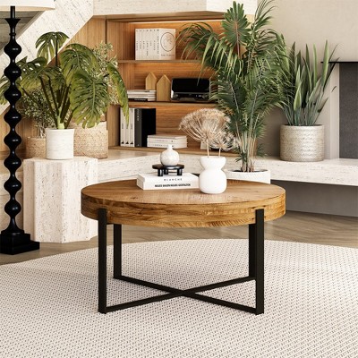 33.86"/31.29" Round Coffee Table Modern Circle Coffee Table With Fir Wood Table Top Cross Legs Base