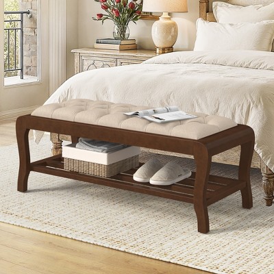 Arceso Bedroom Bench, 49" End of Bed Bench with Shelf, PU Leather Upholstered Entryway Bench with Wooden Legs, Storage Ottoman Bench for Bedroom