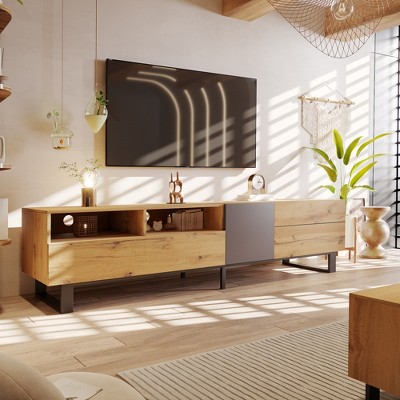 76.7" Wood Modern TV Stand with Waveform Glass Doors and 2 Drawers for TVs up to 85" with Soft-Closing Hinges and Cable Management for Living Room