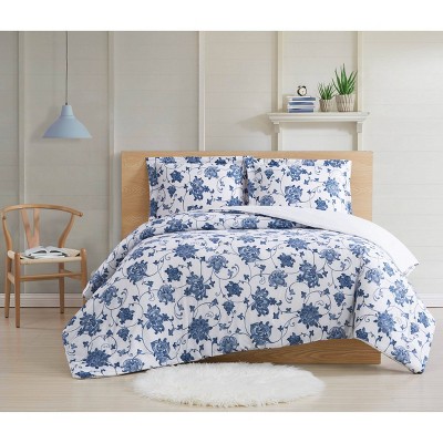 Cottage Classics 2pc Twin Extra Long Estate Bloom Comforter Set Blue: Reversible Bedding with Sham, Floral Pattern