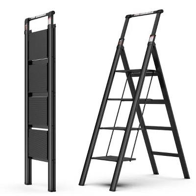 Racxily 4 Step Ladder, Retractable Handgrip Folding Step Stool with Anti-Slip Wide Pedal, Aluminum Step Ladders,300lbs Safety Household Ladder