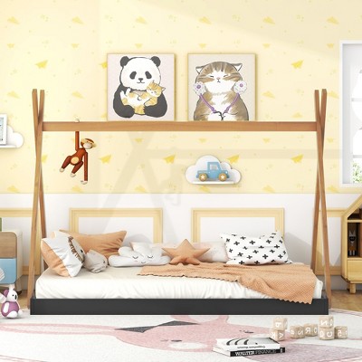 Okak Kids Floor Bed Twin Triangle Tent Top Wooden Bed Frame, Modern Floor Bed for Toddlers/Kids Bedroom