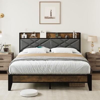 King Size Bed Frame with Charging Station, Button Tufted Headboard, Metal Platform with Storage Shelf, Metal Slats Support, No Box Spring Needed