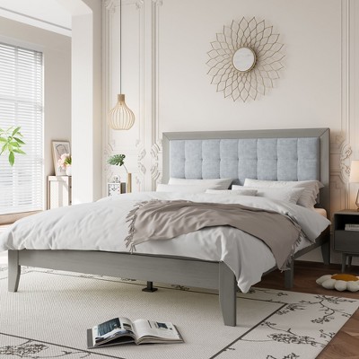 Okak Queen/King Platform Bed Frame Upholstered Modern Solid Wood Bed with Square Tufted Headboard Noise-Free Easy to Assemble