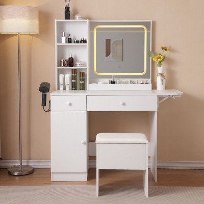 Vanity Desk Modern with Lighted Mirror and Power Outlet for Bedroom 35.4in-3irtyhousy