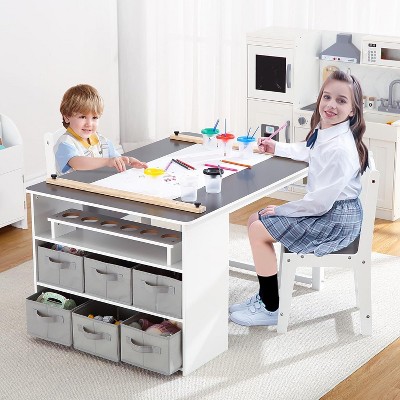 Jojoka Kids Art Table and 2 Chairs,Toddler Craft and Play Wood Activity Table with Storage Bins,Drawing Desk