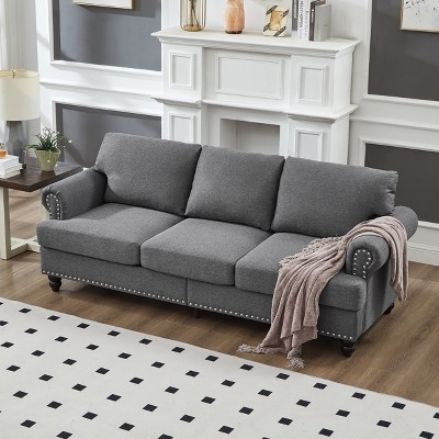GDFStudio Valentine Modern Wood and Polyester Upholstered 3-Seat Sofa with Storage and Nail Decoration