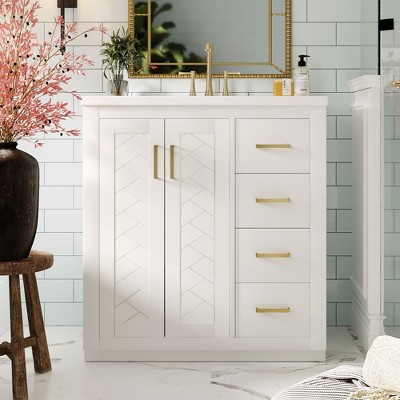 SpassWay 30"L White Bathroom Vanity with Ceramic Sink Solid Wood Frame 3 Soft Close Drawers