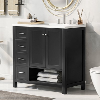 36"W Bathroom Vanity with Sink, Storage Cabinet with 2 Doors, 2 Drawers & Open Shelf, Solid Wood & MDF - ModernLuxe