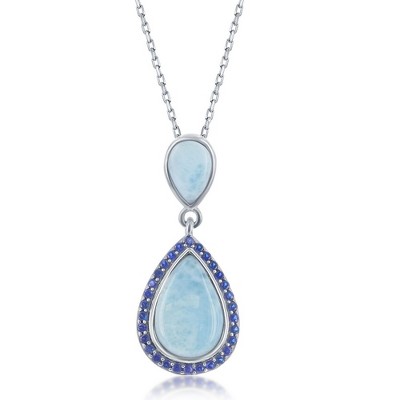 Caribbean Treasures Sterling Silver Double Pear-Shaped Larimar with Sapphire CZ Necklace - Blue 16+2 Inch