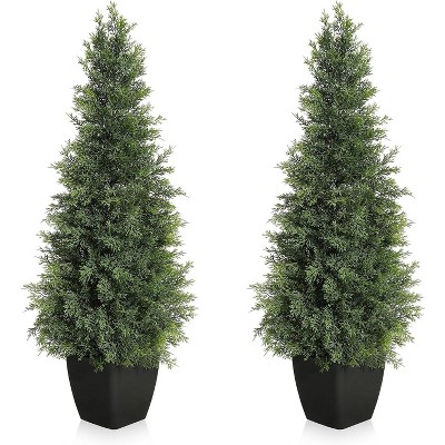 Artificial Cedar Topiary Trees 2pcs, UV Resistant Bushes Potted Pine Trees, Faux Shrubs Plants for Front Porch Garden Outdoor Indoor Decoration