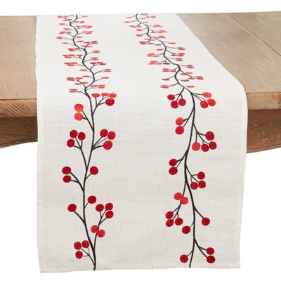 Saro Lifestyle Holiday Cheer Embroidered Berry Table Runner, 16"x72", Beige