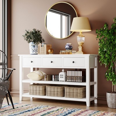 Retro Entryway Console Table, 50" Sofa Table with Three Drawers and Two Open Shelves-ModernLuxe