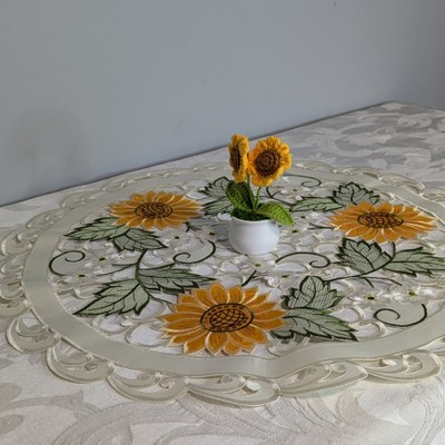 Jiallo Sunflower Embroidered Cutwork Round Placemat, 24-Inch diameter Table Linen Decor, Water Resistance, Machine Wash safe