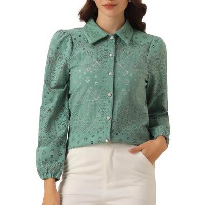 INSPIRE CHIC Women's Lace Puff Long Sleeve Casual Elegant Button Down Collar Shirt
