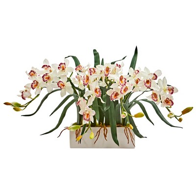 Nearly Natural Cymbidium Artificial Arrangement in White Vase, White