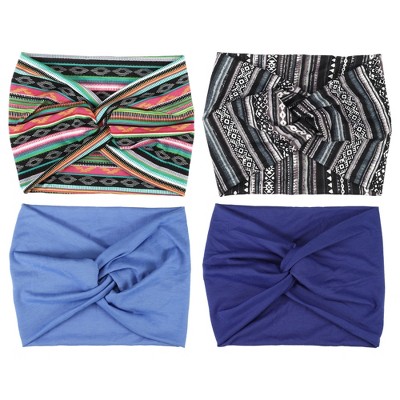 Unique Bargains Women's Widening Knotted Headwrap Blue Light Blue Assorted Color Black White 4 Pcs