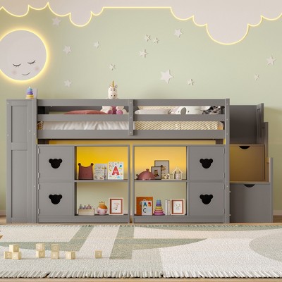 YONWAY Children's Twin Size Low loft Bed, Farmhouse Loft Bed with Shelves, Storage Headboard and Stair for Kids Teens Bedroom Use