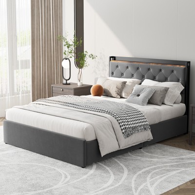 COZONY Velvet Upholstered Bed Frame with 4 Storage Drawers & Headboard Shelves, No Box Spring Needed