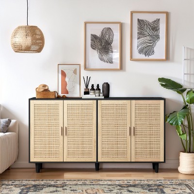 CAVINAS Rustic Rattan Decorative Sideboard Cabinet with 4 Doors & 5 Legs,Functional Buffet Cabinet with Storage for Kitchen,Dining Room