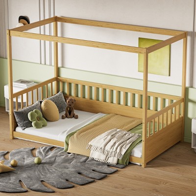 Canopy Bed Frame Modern with Guardrails for Kids Bedroom Twin Size - 3irtyhousy