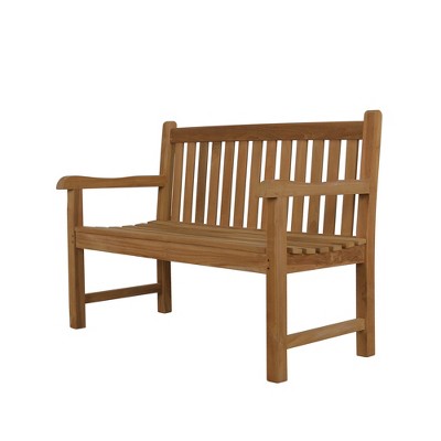 SENPUKI Solid Teak Wood Outdoor Bench - 79" Rustic Slatted Design Patio Bench w/Curved Armrests & Cross-Bracing
