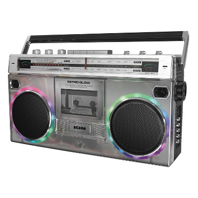 ION Audio Retro Glow™ Bluetooth® Cassette/Radio Boom Box with LED Lights, Translucent in Silver