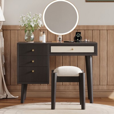 39"W Retro Wooden Makeup Vanity Set with Charging Plug & USB Port and Stool, Dressing Table with 3 Drawers and 1 Rattan Drawer 4B - ModernLuxe