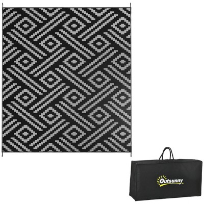 Outsunny RV Mat, Outdoor Patio Rug / Large Camping Carpet with Carrying Bag, Waterproof Plastic Straw, Reversible, Black & Gray Geometric