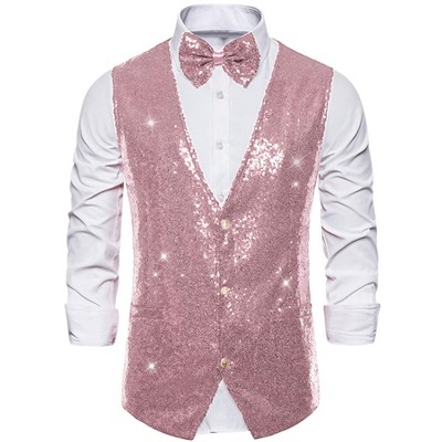 INSPIRE CHIC Men's Shiny Sequin Sleeveless Party Prom Suit Vest with Bow Tie
