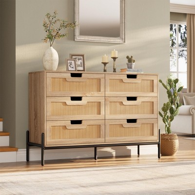 Natural Rattan 6 Drawer Double Dresser, Wooden Chest of Drawer, Farmhouse Storage Cabinet with Solid Metal Legs