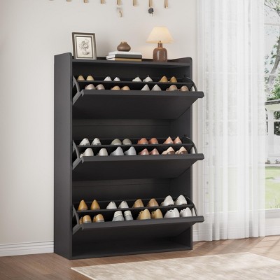 Shoe Cabinet, 3 Flip Drawers - Modern Entryway Shoe Storage Organizer, Narrow Wooden Rack with Adjustable Shelves, Space-Saving, Black