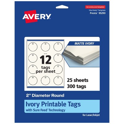 Avery Printable Round Tags with Sure Feed Technology, 2" Diameter, Matte Ivory Cardstock, Print-to-the-Edge, Laser/Inkjet, 300 Total