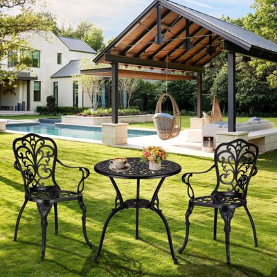 3 Piece Outdoor Bistro Set, Cast Aluminum Patio Table and Chairs Set of 2, All-Weather Bistro Table Set with Umbrella Hole for Backyard, Balcony,